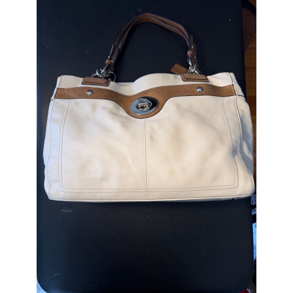Coach Penelope Carryall Tote, Cream  Leather, Brown Snake Skin Embossed Trim
